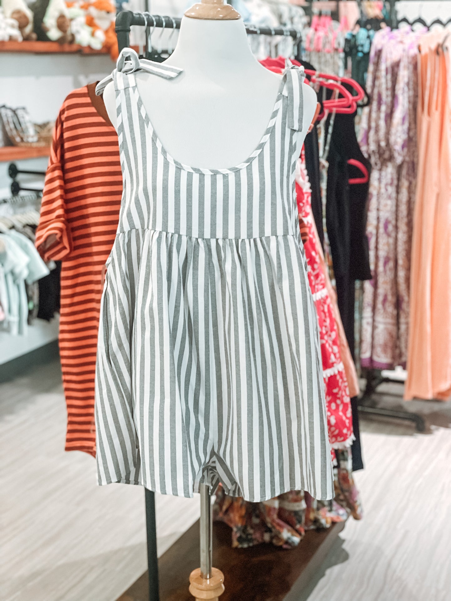Striped Bow Shoulders Relaxed Romper