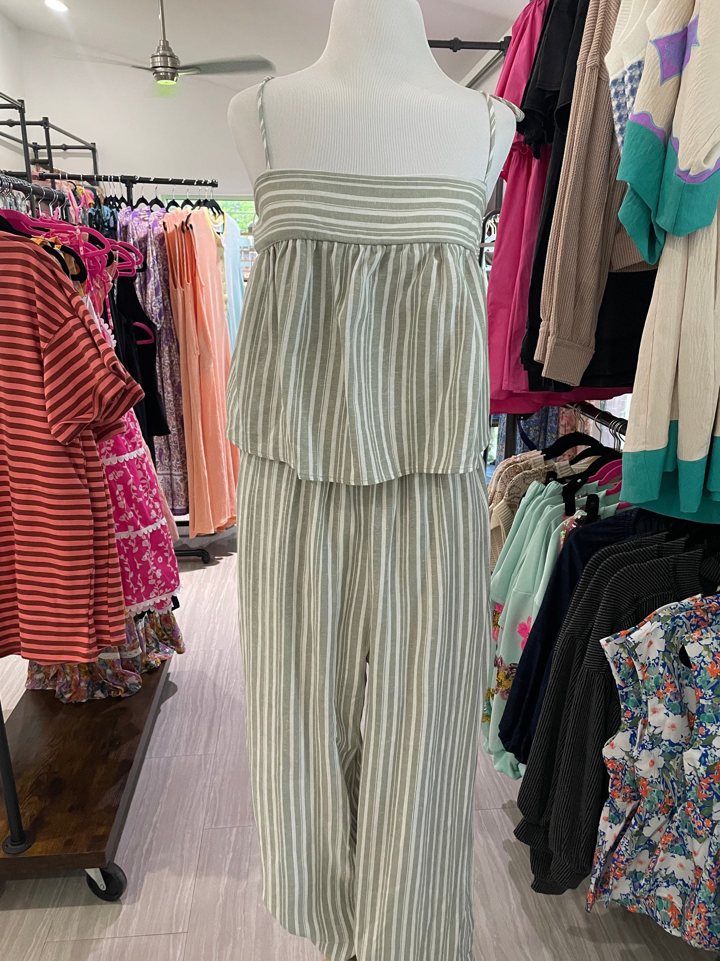 Tie Ruffle Hem Wide Leg Striped Jumpsuit