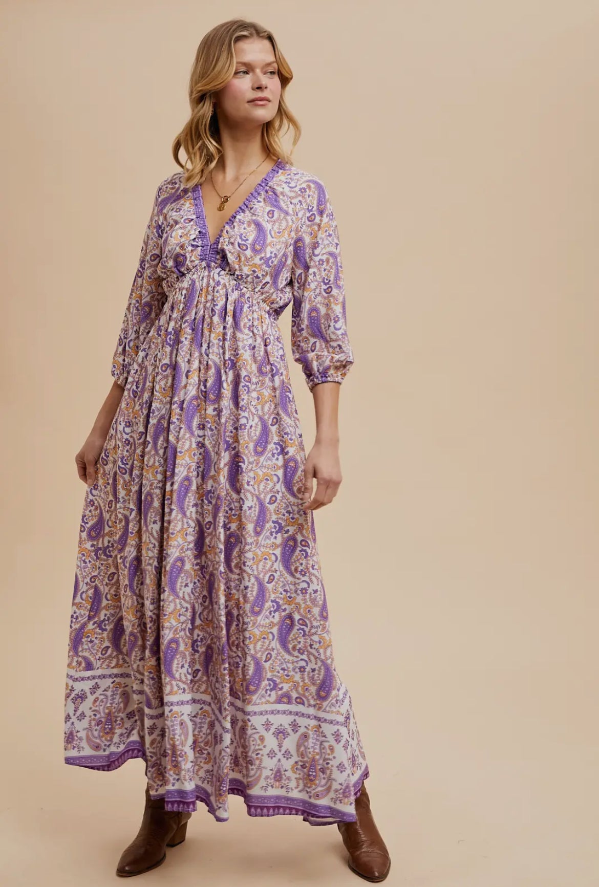 Border Print Vneck Short Sleeve Maxi Dress