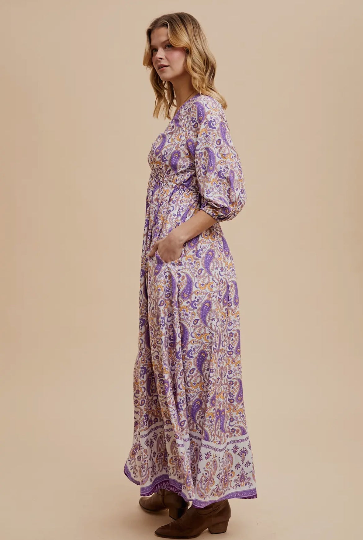 Border Print Vneck Short Sleeve Maxi Dress