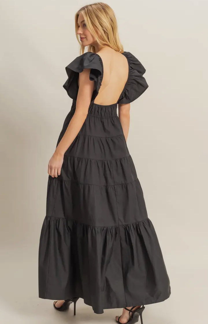 Flutter Sleeve Poplin Tiered Maxi Dress