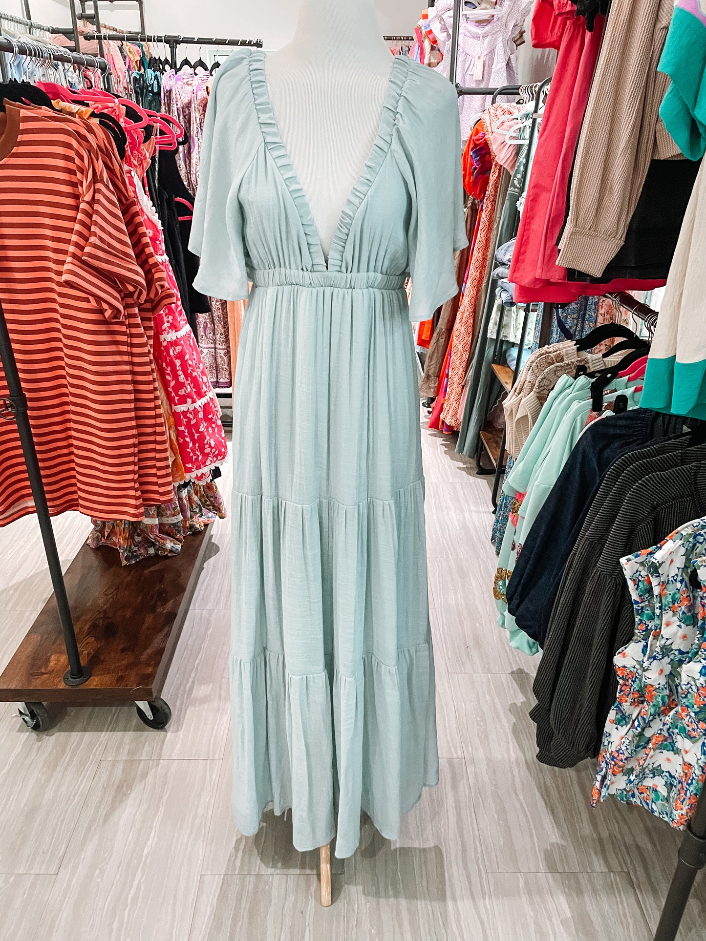 Vneck Flowy Tiered Maxi - Dusty Blue