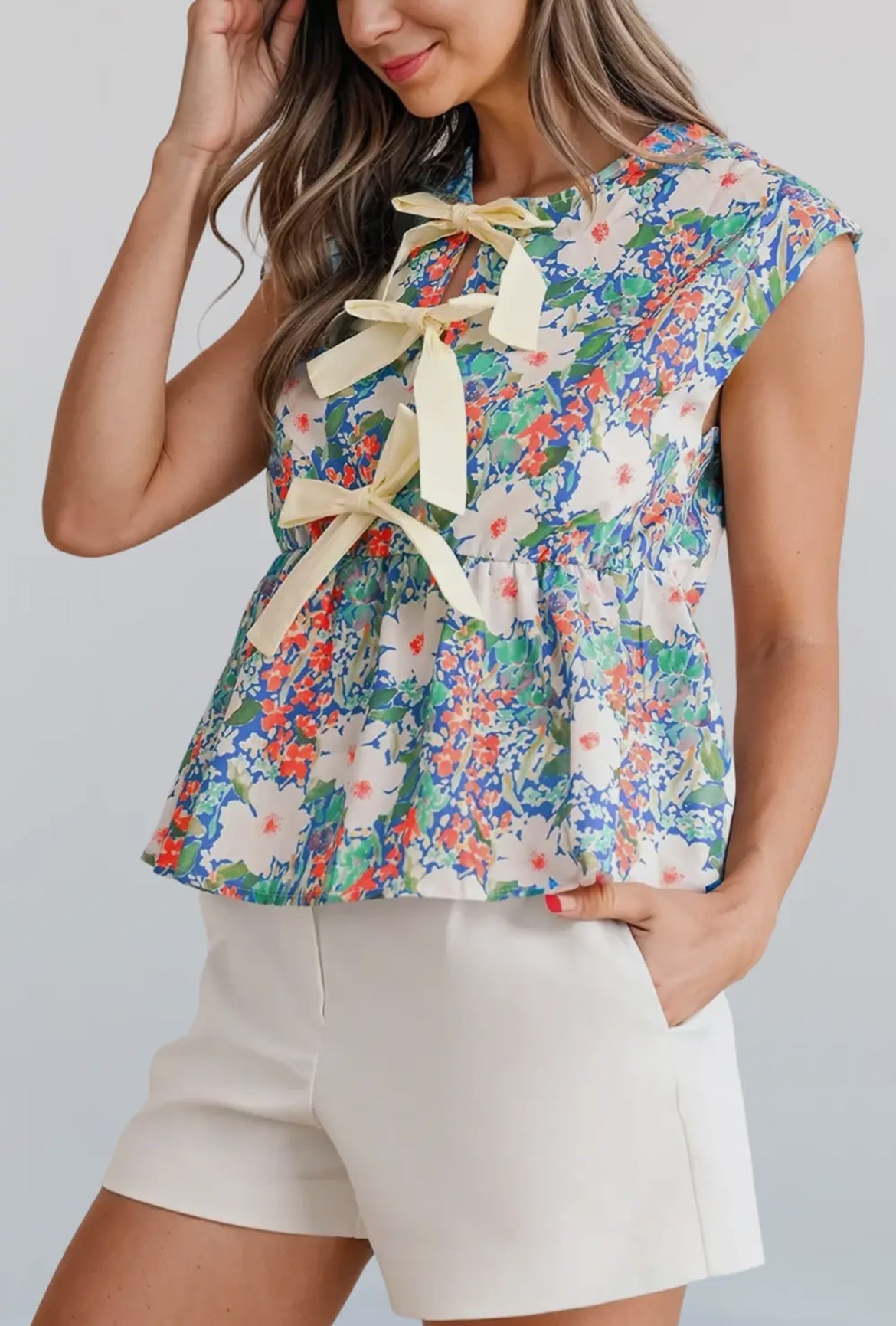 Floral Print Bow Peplum Blouse
