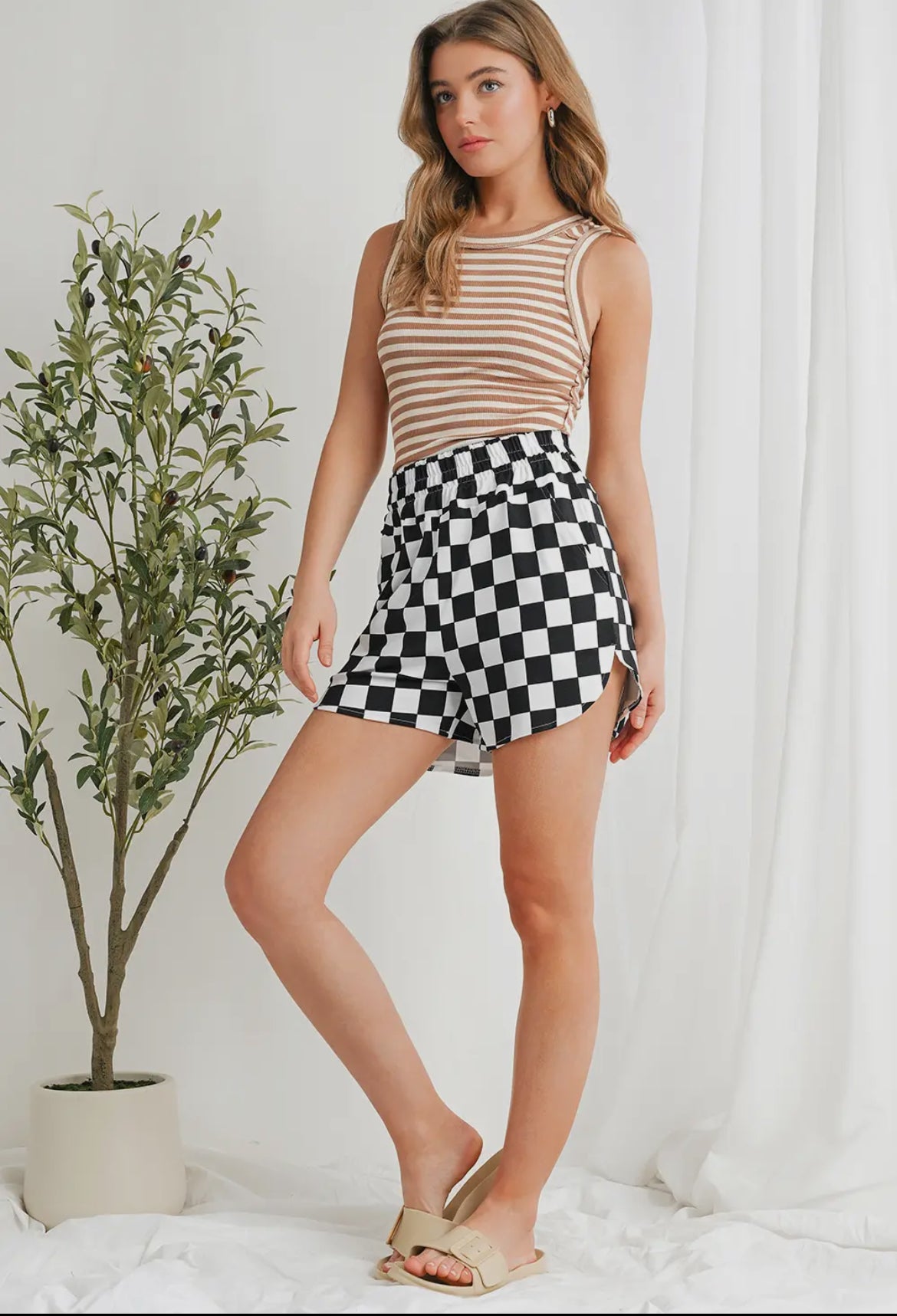 Checkered Print High Waist Shorts