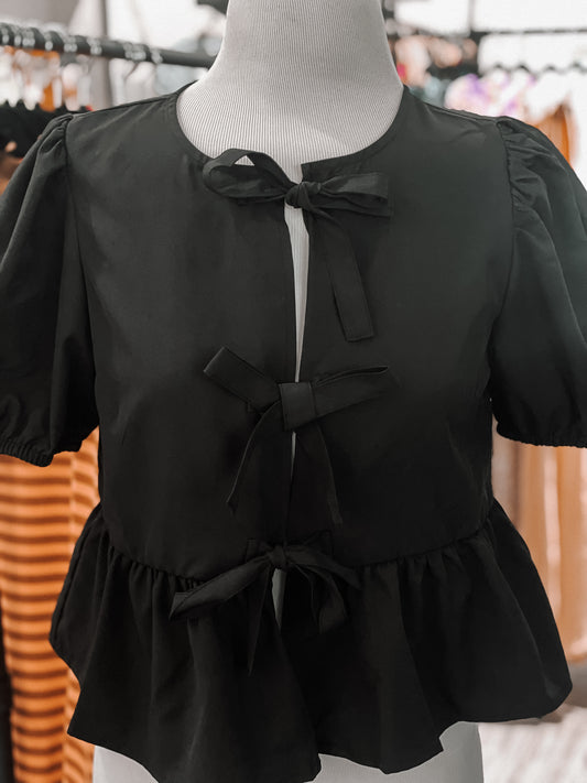 Bow Front Tie Puff Sleeve Woven Top Black