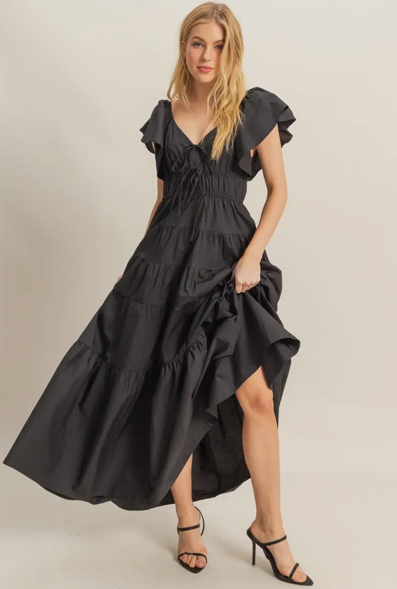 Flutter Sleeve Poplin Tiered Maxi Dress