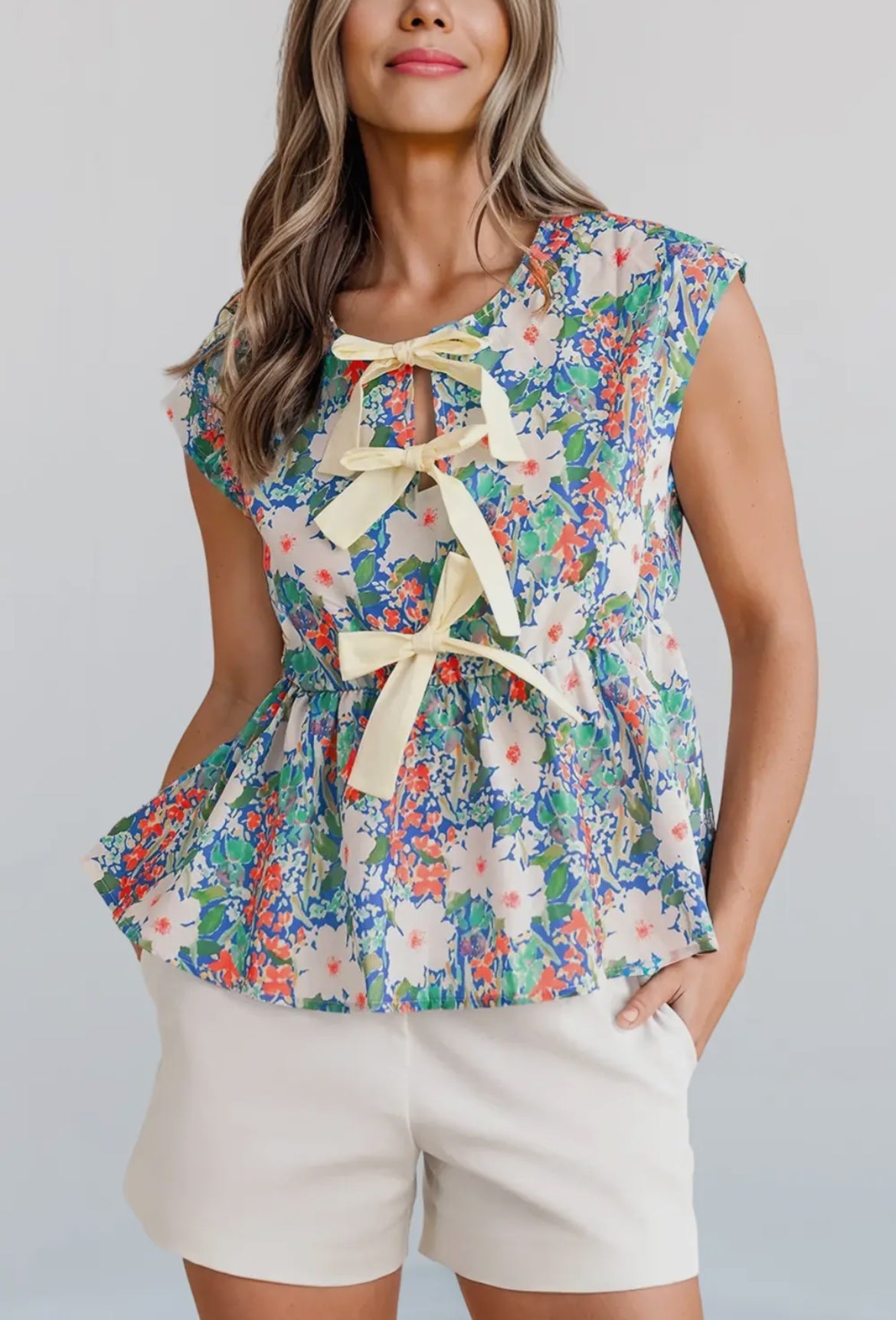 Floral Print Bow Peplum Blouse
