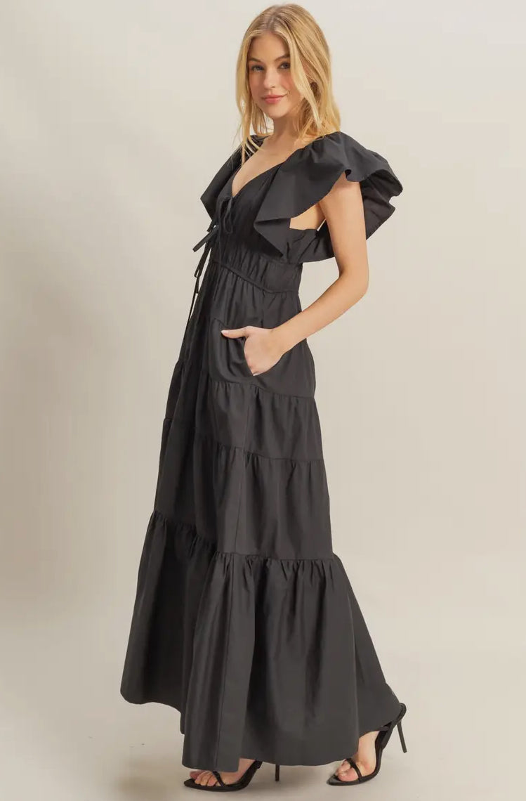 Flutter Sleeve Poplin Tiered Maxi Dress