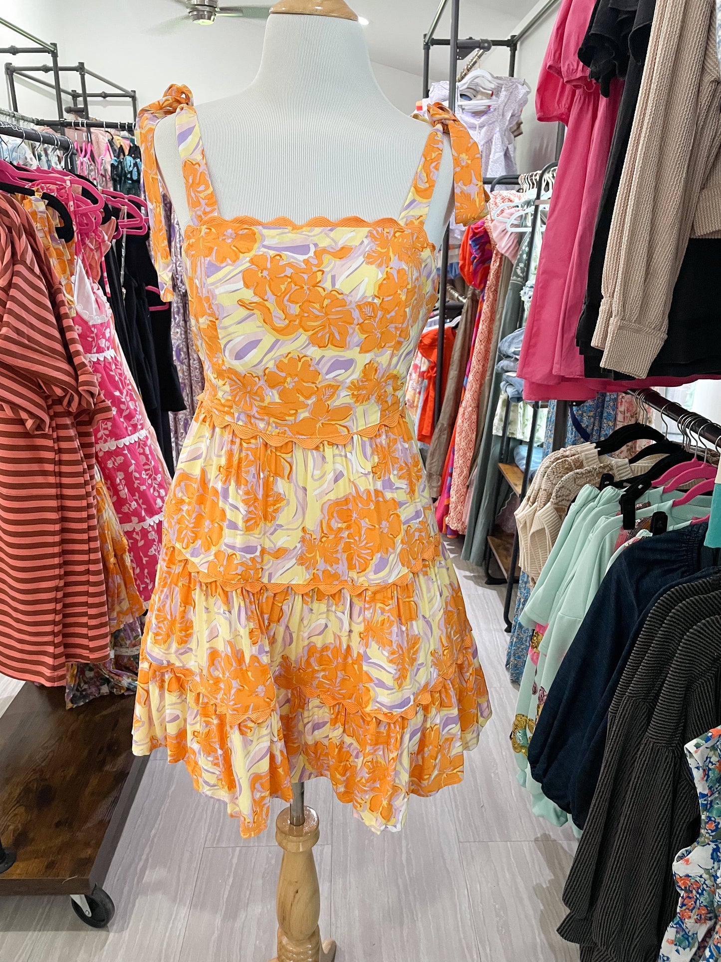 Floral Tiered Scallop Trim Mini Dress- Orange Lav