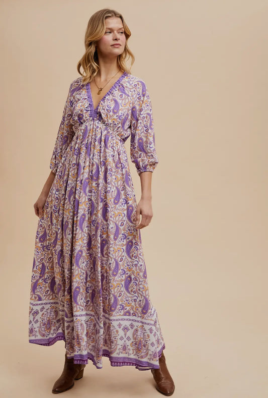 Border Print Vneck Short Sleeve Maxi Dress