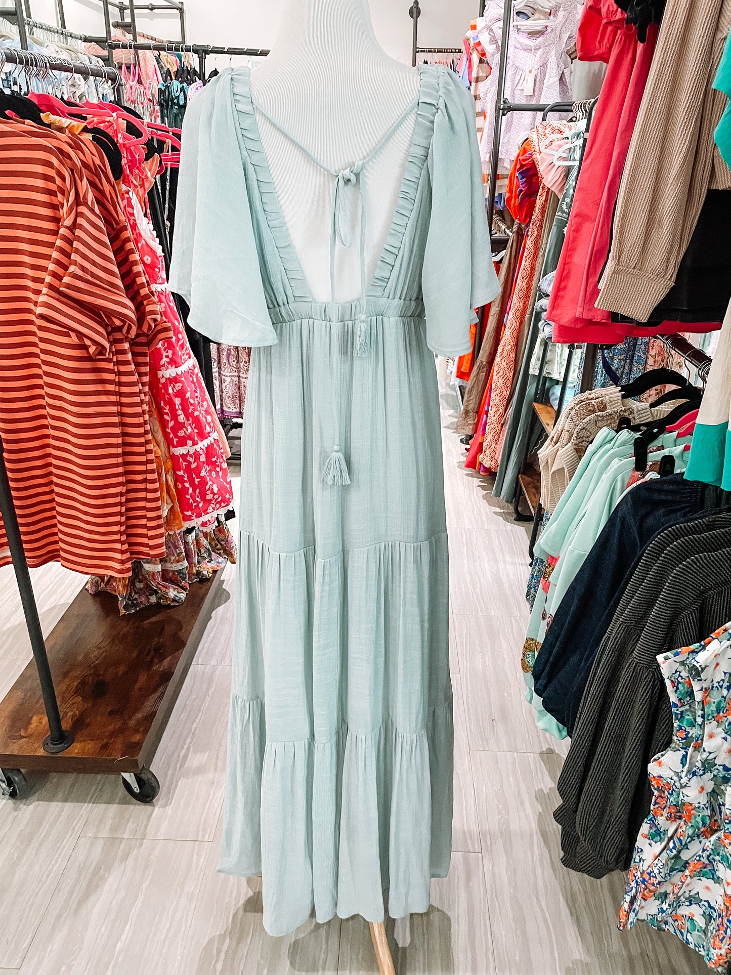 Vneck Flowy Tiered Maxi - Dusty Blue