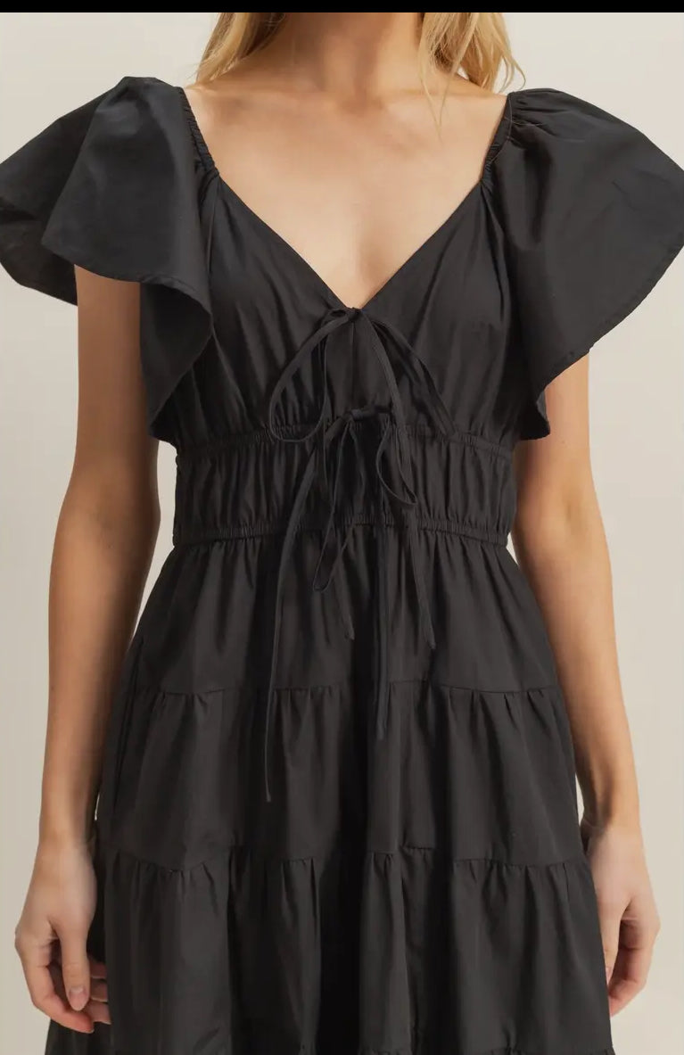 Flutter Sleeve Poplin Tiered Maxi Dress