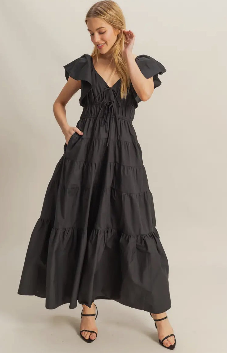 Flutter Sleeve Poplin Tiered Maxi Dress