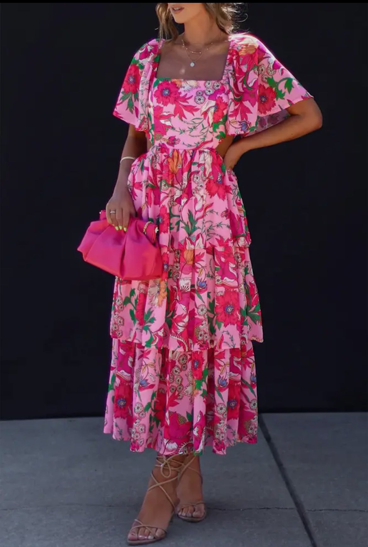 Square Neck Waist Cut Out Floral Dress