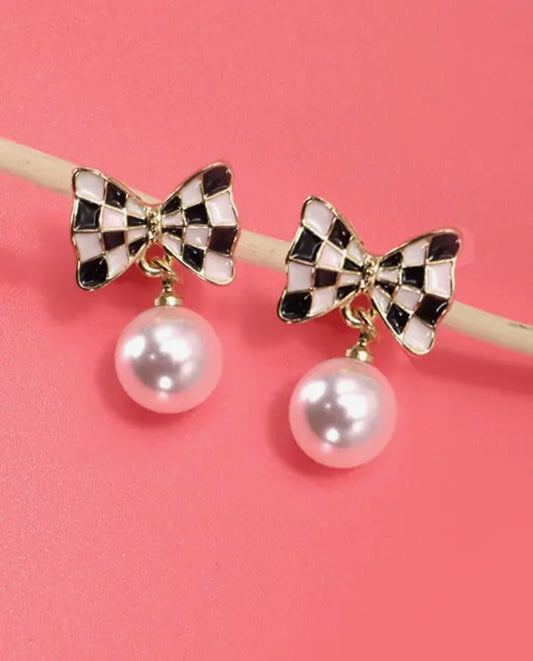 Checker Bow Pearl Drop Earrings