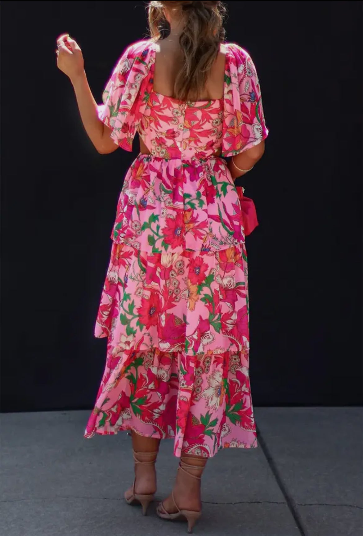 Square Neck Waist Cut Out Floral Dress