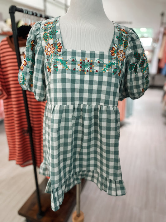 Plaid Ruffle Square Neck Top