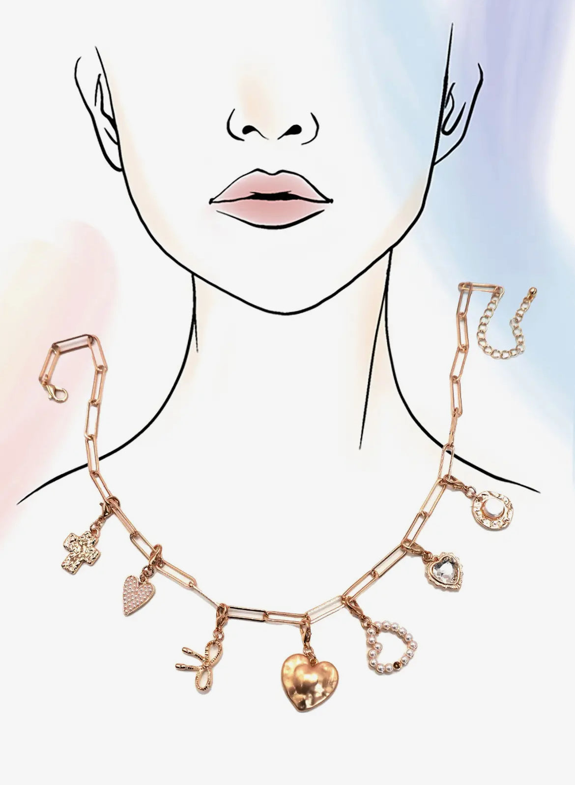 Bow Heart Multi Charm Necklace