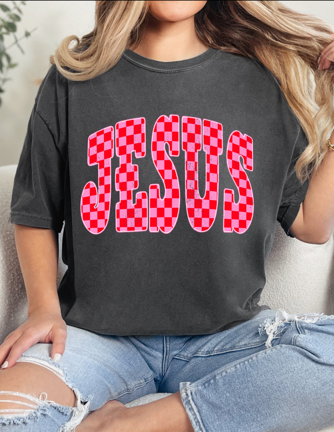 Jesus Checkered Print Comfort Colors Tee