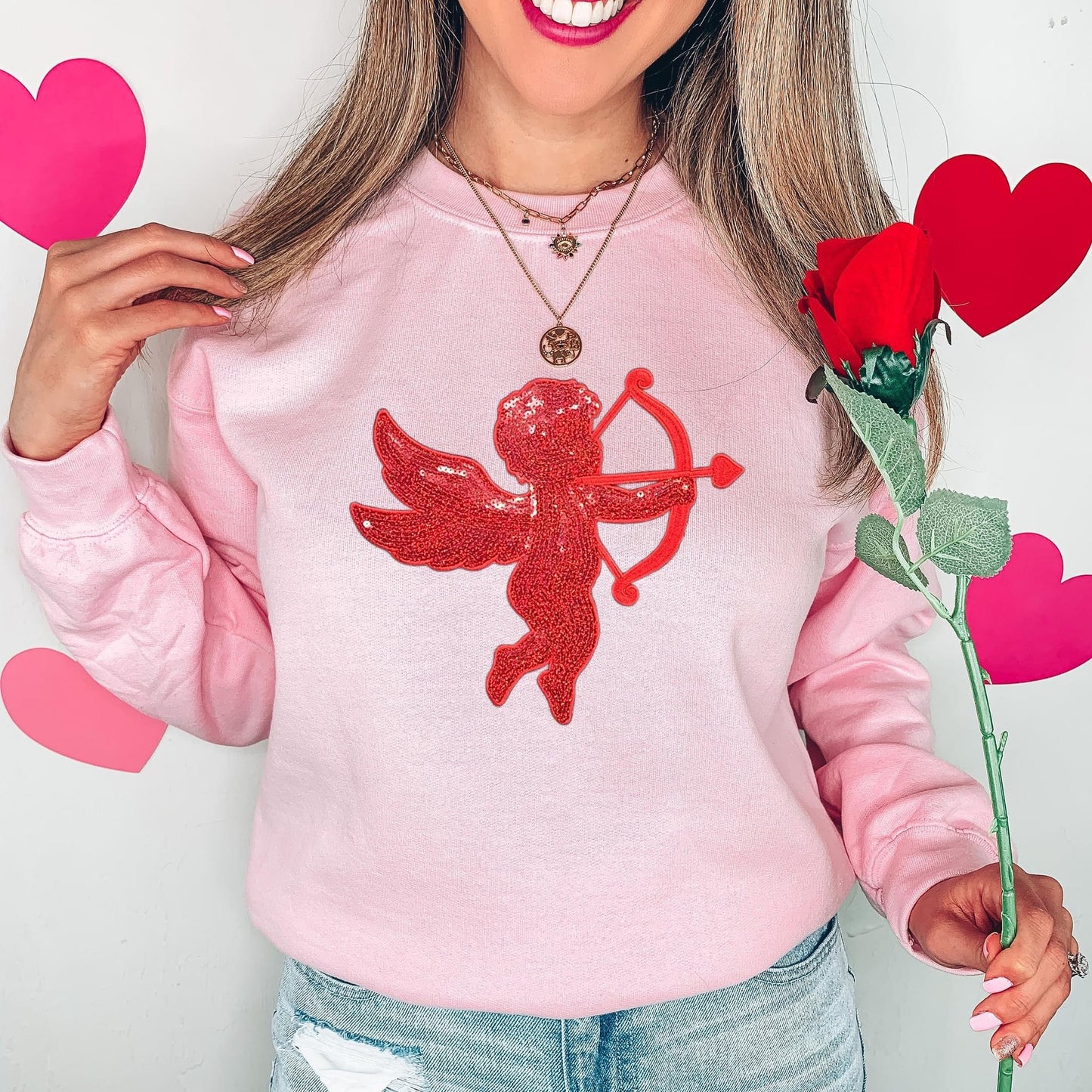 Cupid Patch Sweatshirt Red on Pink